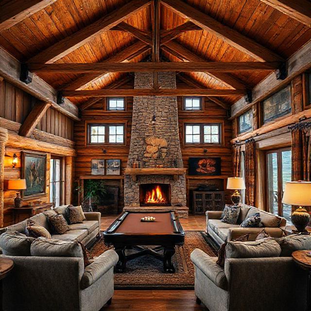rustic living room with fireplace and billiard table