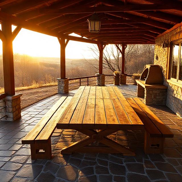 covered terrace with wooden table benches and stone grill